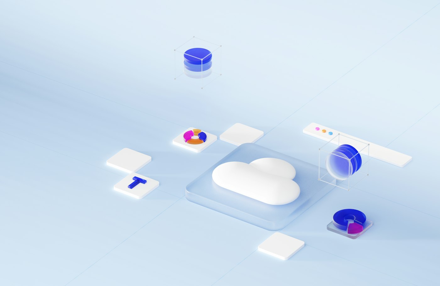 A white cloud on a glass tile surrounded by data, charts and files, representing cloud services